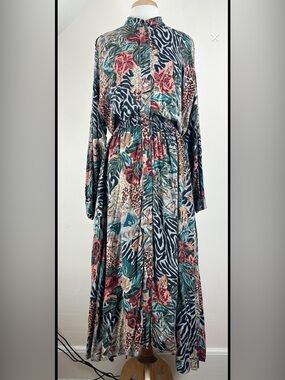 Vintage 90s Rayon Floral & Animal Print Long Sleeve Shirt Dress in Teal and Rose
